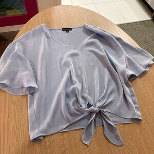 Modern Works V Neck Blouse Medium Light Blue Satin Short Sleeve Tie Front Solid